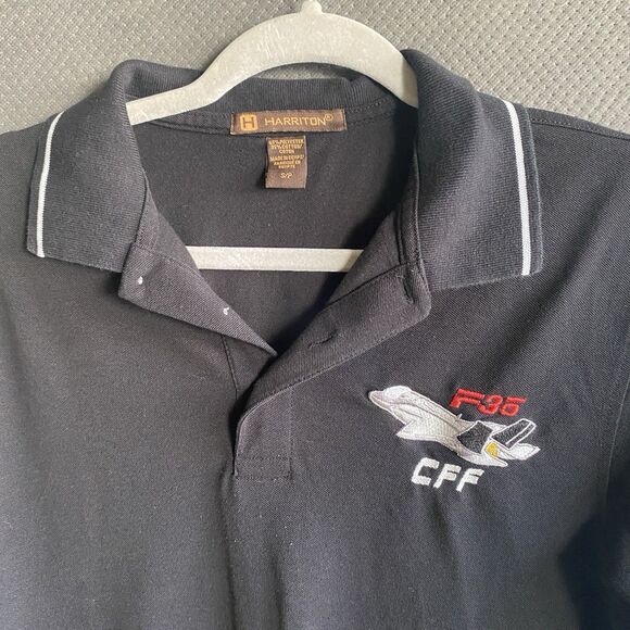 Military Fighter Jet F35 CFF Logo Black Knit Cotton Polo Shirt Mens Small - Picture 2 of 5